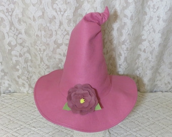 Rose Pink Witch Hat- Felt Witch Hat with Rose Flower or White Bow and Doily