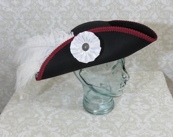 Black Pirate Hat - Classic Tricorn with Burgundy Trim and Optional White Feathers, and/or White, Burgundy, or Gold Cockade- 100% Wool