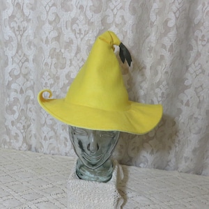 Yellow Flower Fairy Witch Hat- Buttercup Yellow Wool Felt Hat with Curled Petal Brim and Leafy Tassel
