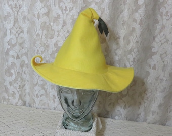 Yellow Flower Fairy Witch Hat- Buttercup Yellow Wool Felt Hat with Curled Petal Brim and Leafy Tassel