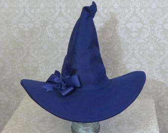 Blue Witch Hat- Wool Felt Hat with Bow or Feathers