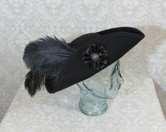 Black Pirate Hat- Classic Tricorn with Black Trim, and Optional Cockade and/or Feathers- 100% Wool Tricorn