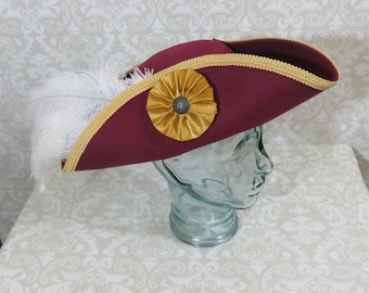 Burgundy Tricorn Hat- Classic Pirate Hat with Gold Trim, and OptIonal Gold, White or Black Cockade and/or White Feathers-100% Wool