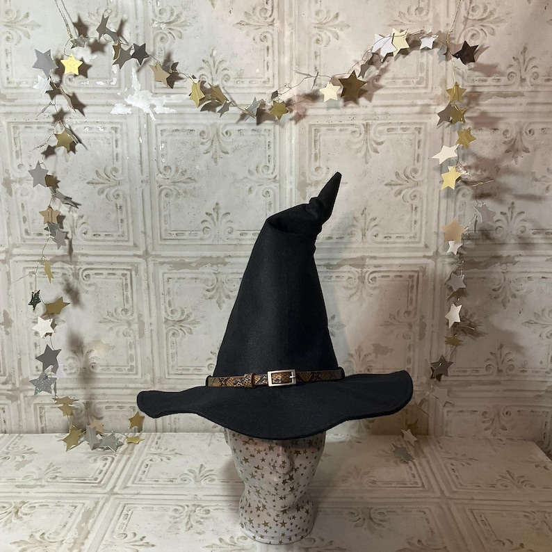 Black Wizard/Witch Hat with Hatband and Crooked Top- Elf, Goblin, Ren Faire Hat image 1