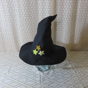 Black Starry Wizard/Witch Hat- Black Wool Felt Hat with Wool Stars