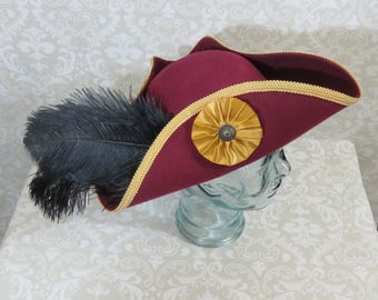Burgundy Pirate Hat Classic Tricorn Hat With Gold Trim, and