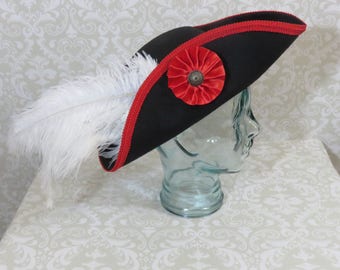 Black Pirate Hat - Classic Tricorn with Red Trim, and Optional White Feathers, and/or Red or Gold Cockade- 100% Wool Tricorn