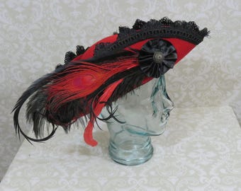 Red Pirate Hat- Fancy Red Wool Tricorn with Black Trim, Ostrich, Rooster and Peacock Feathers- 100% Wool Tricorn