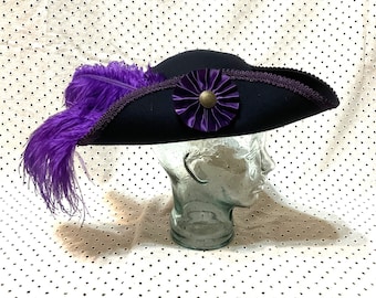 Ink Black Felt Pirate Hat- Classic Tricorn with Dark Purple Trim and Optional Cockade and/or Ostrich Feathers- 100% Wool Tricorn