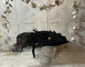 Black Pirate Hat- Fancy Black Wool Tricorn with Black Trim, Ostrich, Rooster and Peacock Feathers- 100% Wool Tricorn