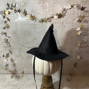 May include: A black felt witch hat with a wide brim and a tall pointed crown. The hat is sitting on a white pumpkin and has a long black ribbon tied around it.