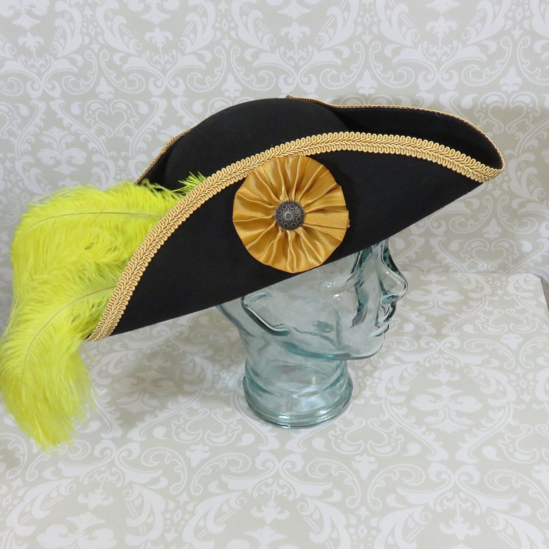 Handmade Pirate Hat Tricorn Black Wool Felt Lace Feathers Gold Tone & Faux Pearl il_340x270.1896286254_48hk.jpg main image 2