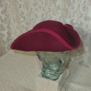 Burgundy Pirate Hat Classic Tricorn with Burgundy Trim, and Optional Cockade and/or Feathers 100% Wool Tricorn #1 Simple