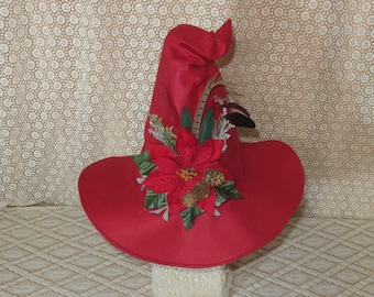 Winter Witch Hat- Red Wool Felt Hat with Poinsettia, Leaves, Pinecones, and Feathers