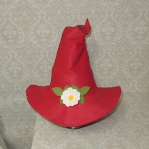 Strawberry Witch Hat- Red Felt Witch Hat with White Flower or Polka Dot Bow