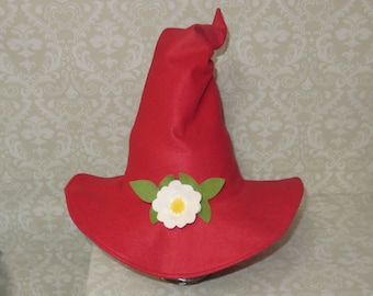 Strawberry Witch Hat- Red Felt Witch Hat with White Flower or Polka Dot Bow