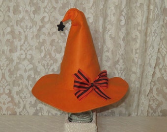 Orange Witch Hat- Pumpkin Orange Wool Felt Hat with Optional Striped Bow and Wool Star