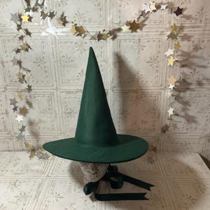 Forest Practical Witch Hat- Green Wool Felt Hat with Satin Ribbon Ties