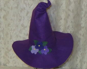 Violet Purple Witch Hat- Felt Witch Hat with Violet Flowers or Teal Bow and Peacock Feathers