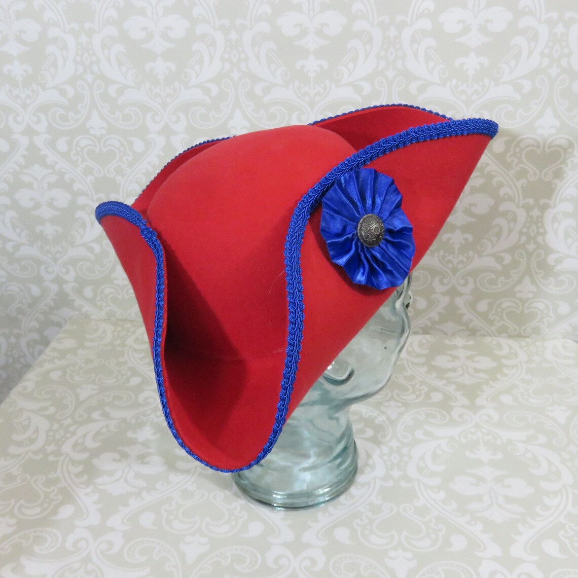 Red Pirate Hat Classic Tricorn with Blue Trim Blue Feathers Etsy