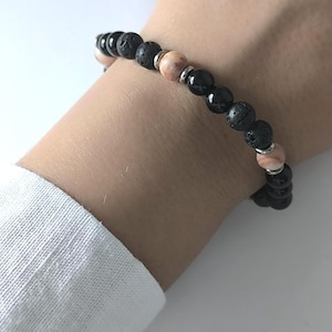 Bracciale in diaspro zebrato rosa e pietra lavica, bracciale elastico con perline di onice nera, gioiello diffusore di aromi con pietre preziose naturali, regalo unisex per uomo e donna.