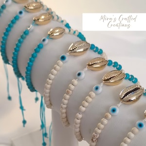 Pulsera bohemia de concha de cauri, joyería de playa ajustable con cuentas de howlita