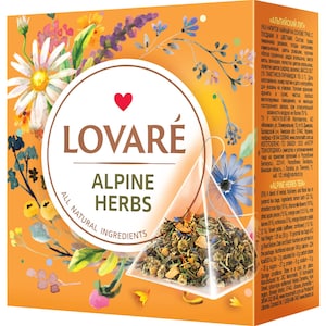 May include: A box of Lovare Alpine Herbs tea featuring a pyramid-shaped tea bag. The box is orange with a floral design and the text "Lovare Alpine Herbs All Natural Ingredients" is printed on the front. The tea bag is filled with a blend of herbs, fruits, and flowers.