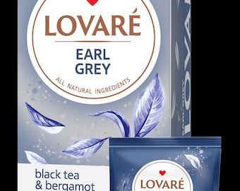 May include: A box and a packet of Earl Grey tea from the brand LOVARÉ. The packaging is a gradient blue with white accents and illustrations of leaves. The text on the packaging reads "Earl Grey, black tea & bergamot, all natural ingredients."