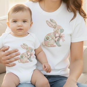 Matching Easter Bunny Shirts, Floral Patchwork Rabbit Mommy and Me, Baby First Easter Bodysuit, Cute Spring Family Outfits