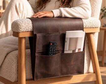 Genuine leather armrest cover, Leather armrest caddy, Leather sofa armrest organizer,Custom leather armrest cover,Leather entryway organizer