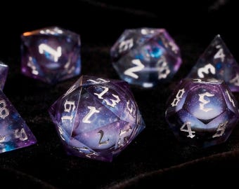 Starry sky dice set, Liquid core DnD dice set, Purple DnD dice set, Galaxy DnD dice set, Dungeons and dragons dice set, Sharp edge dice set
