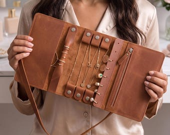 Travel leather jewelry organizer, Leather jewelry case personalized, Leather jewelry holder, Leather jewelry roll case,Leather jewelry pouch