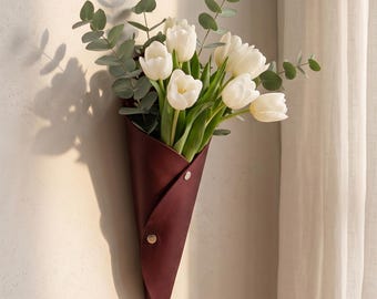 100% Genuine leather flower vase, Wall hanging flower vase, Hanging flower bag, Wall-mouned flower vase,Leather cone vase,Leather home decor