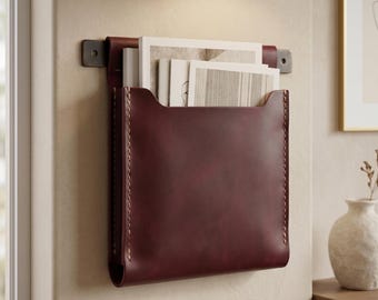 Leather wall pocket mail organizer, Custom leather wall pocket, Personalized wall pocket, Leather wall mail hanger, Wall mgazine holder