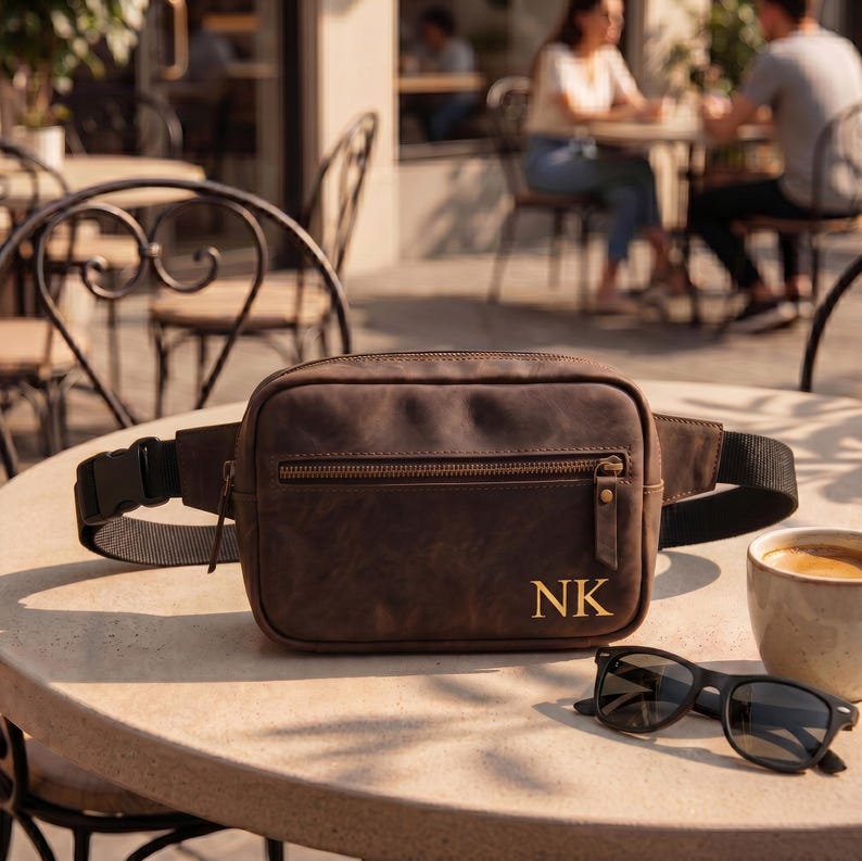 May include: A dark brown leather fanny pack featuring a horizontal zippered front pocket and the gold-colored initials NK embossed on the lower right corner. The bag includes a black adjustable nylon strap with a plastic side-release buckle.