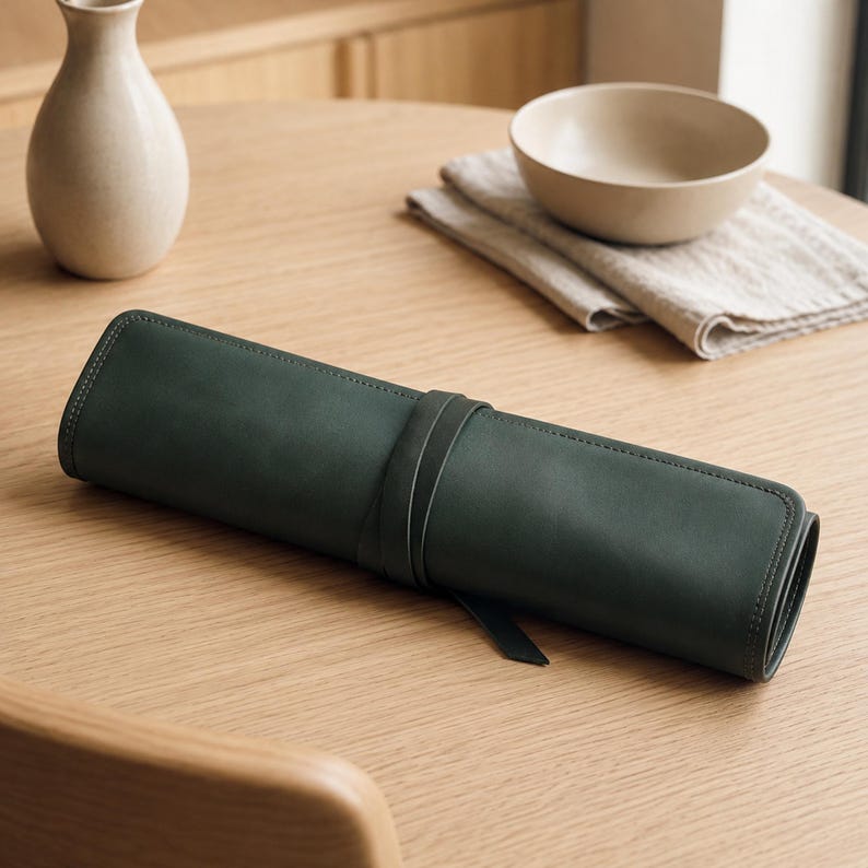 May include: A dark forest green leather roll-up case featuring smooth, matte-textured material with visible tonal stitching along the edges. The cylindrical case is secured by a matching leather strap wrapped around the center, creating a sleek, minimalist appearance.