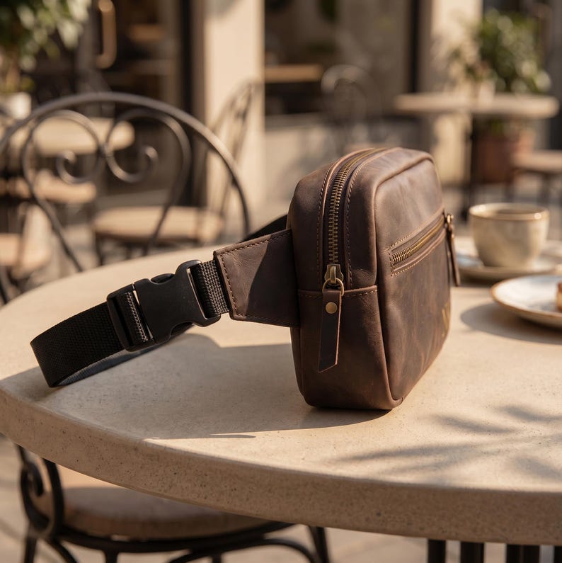 May include: A brown leather fanny pack featuring a rectangular main compartment with a top zipper, a smaller front zippered pocket, and a black nylon adjustable strap with a plastic side-release buckle. The bag has a smooth, matte finish.