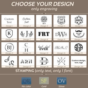 May include: A grid of twenty black and white engraving design options labeled Design 1 through 20, featuring various monograms, symbols, and text styles. Below, three rectangular color swatches are labeled No color, Gold, and Silver.