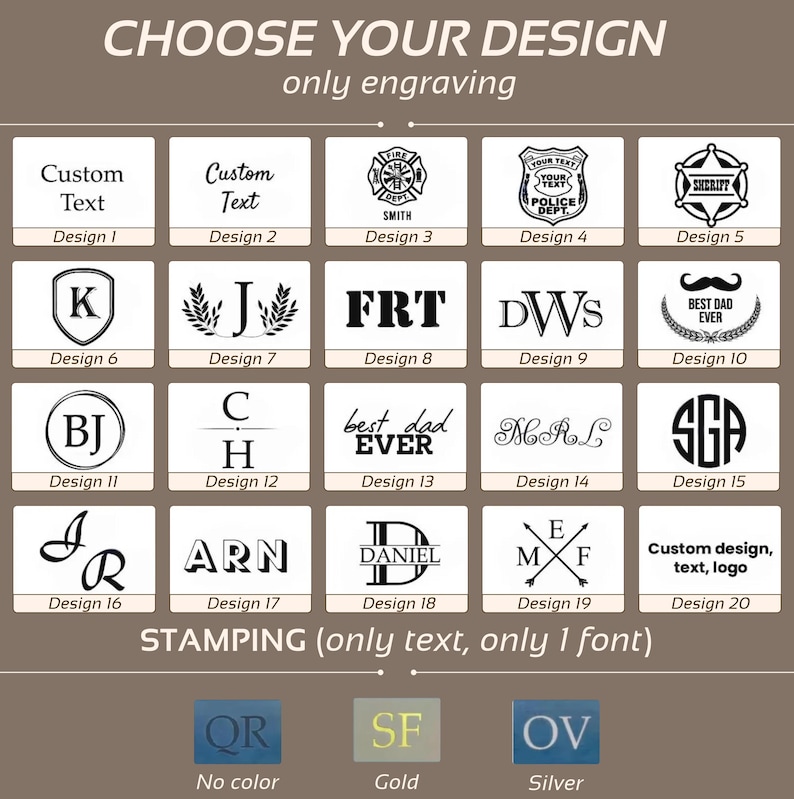 May include: A grid of twenty black and white engraving design options labeled Design 1 through 20, featuring various monograms, symbols, and text styles. Below, three rectangular color swatches are labeled No color, Gold, and Silver.