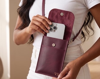 Personalized leather phone bag, Leather phone crossbody bag, Leather phone purse women, Custom leather crossbody purse, Crossbody bag women