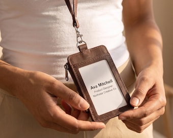 Handmade leather ID badge holder, Badge holder with lanyard, Personalized leather badge wallet, Leather ID card holder, Custom badge holder