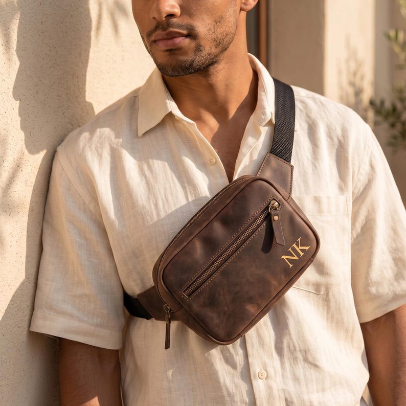 May include: A brown leather fanny pack featuring a front zippered pocket and the gold embossed initials NK. The bag includes a black adjustable strap and is worn across the chest. The leather has a matte, distressed finish with visible stitching.