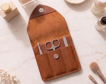 Genuine leather manicure tool case, Leather manicure tool holder, Personalized manicure pouch, Leather nail tool pouch, Leather toiletry bag