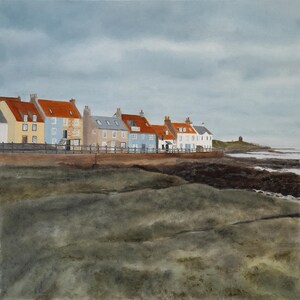 May include: An oil painting shows a coastal scene with a row of houses. The houses have orange roofs and are painted in various colors. The sky is grey, and the foreground features a rocky beach and a distant structure.