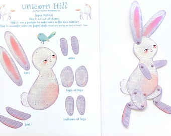 Rabbit paper doll kit, Hare paper doll, articulated rabbit paper doll