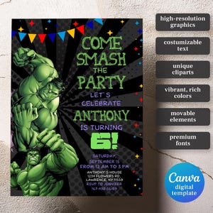 Printable Boy Birthday Invitation, superhero birthday invite, incredible hulk editable invitation, avengers birthday party