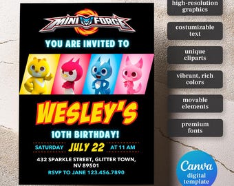 Puede incluir: Una invitación digital para una fiesta de cumpleaños número 10 con personajes del programa de dibujos animados Mini Force. La invitación es negra con un fondo amarillo, rojo, azul y rosa brillante. El texto de la invitación dice "You are invited to Wesley's 10th Birthday! Saturday July 22 at 11 AM 432 Sparkle Street, Glitter Town, NV 89501 RSVP to Jane 123.456.7890".