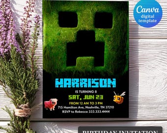 Printable editable invite, Video game party, Gamer birthday invitation, crafter movie ticket, mine theme girl boy birthday, digital template