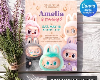 Invito di compleanno a tema mostri, invito di compleanno a tema coniglietto mostruoso stampabile e modificabile, modello digitale per invito alla festa di compleanno