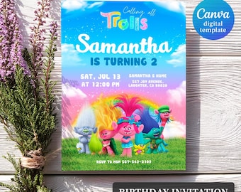 Editable trolls Invite, Printable birthday invitation, Girl Birthday, Electronic invitation, poppy Invite templatetemplate, trolls party